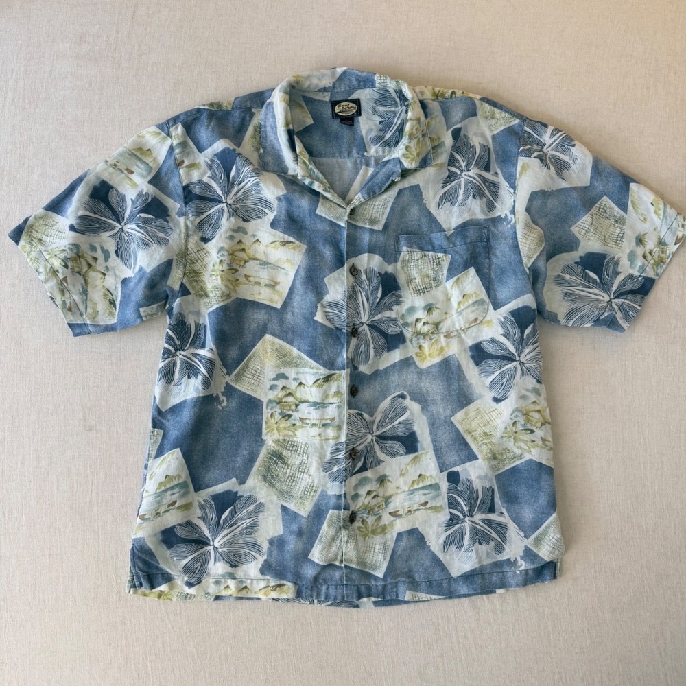 Tommy Bahama 100% Linen Hawaiian Camp Shirt Blue Tropical Print Mens Large
